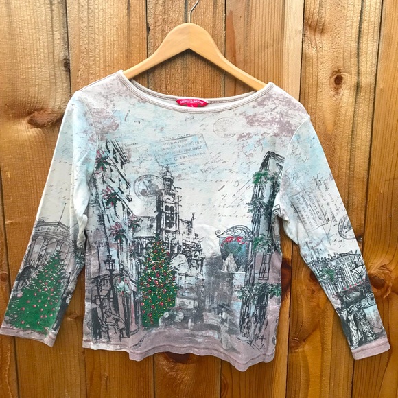 Y2k European Antique Newsprint Postcard Holiday Print Collage Tee Size Large - Picture 1 of 5